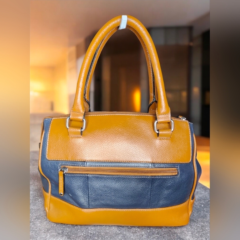 Tignanello Two-Tone Leather Satchet/Shoulder Bag In Blue & Tan - Picture 2 of 14